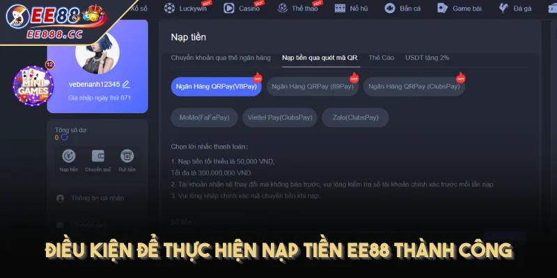 Điều kiện để thực hiện nạp tiền EE88 thành công