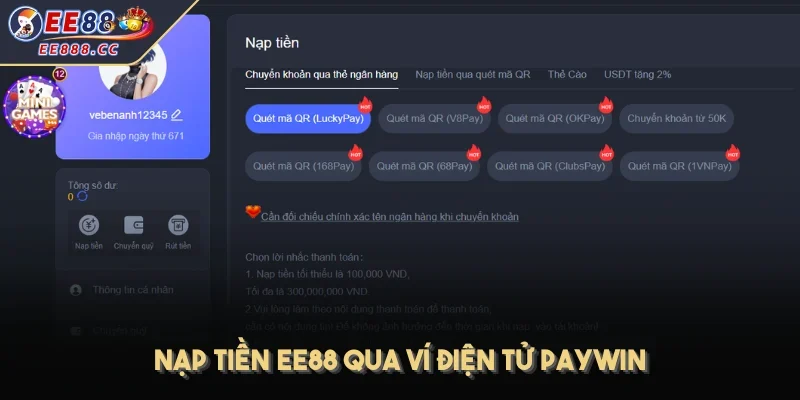 Nạp tiền EE88 qua ví điện tử Paywin